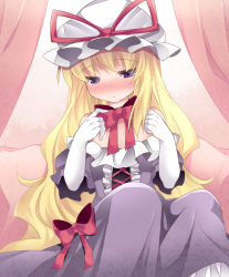 Rule 34 | 1girl, bare shoulders, bed, blonde hair, blush, bow, canopy bed, clothes pull, dress, gloves, hammer (sunset beach), hat, long hair, mob cap, pillow, purple dress, purple eyes, sitting, solo, touhou, very long hair, white gloves, yakumo yukari
