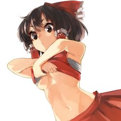 Rule 34 | 1girl, absurdres, black eyes, black hair, bow, breasts, hair between eyes, hair bow, hair tubes, hakurei reimu, highres, lifted by self, looking at viewer, medium breasts, navel, nuqura, red bow, red skirt, sarashi, simple background, skirt, solo, stomach, touhou, underboob, undressing, white background