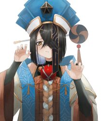 Rule 34 | 1girl, :t, absurdres, black hair, blue headwear, blunt ends, chinese clothes, claw pose, closed mouth, fate/grand order, fate (series), hair ornament, hair over one eye, hair stick, highres, long sleeves, looking at viewer, mole, mole under eye, short hair, simple background, solo, upper body, white background, xu fu (fate), yamada raen, yellow eyes