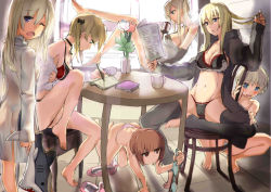 Rule 34 | 10s, 6+girls, adapted costume, all fours, alternate costume, armadillo-tokage, ass, backlighting, bare legs, barefoot, bismarck (kancolle), black bra, black jacket, black legwear, black panties, black ribbon, blonde hair, blue eyes, blush, bra, breasts, brown eyes, brown hair, brown jacket, cameltoe, chair, cleavage, coffee mug, collarbone, cup, day, feet on chair, flower, frilled bra, frills, full body, fur, graf zeppelin (kancolle), green panties, hair between eyes, hair ribbon, hand in own hair, holding, holding bra, holding clothes, holding cup, holding underwear, indoors, jacket, jitome, kantai collection, kitchen, large breasts, leg lift, long hair, looking at viewer, lying, medium breasts, midriff, mug, multiple girls, navel, newspaper, no headwear, off shoulder, one eye closed, open clothes, open jacket, open mouth, open shirt, panties, parted lips, pencil, pink panties, plant, prinz eugen (kancolle), profile, purple eyes, reading, red panties, ribbon, shark, shawl, shirt, sideboob, sitting, sleepy, slippers, spread legs, squatting, standing, stomach, strap gap, striped clothes, striped panties, stuffed animal, stuffed toy, sunlight, table, teacup, thighhighs, tile floor, tiles, toeless legwear, toes, topless, toy, tulip, twintails, u-511 (kancolle), under table, underwear, underwear only, unworn slippers, vase, white panties, writing, yawning, z1 leberecht maass (kancolle), z3 max schultz (kancolle)