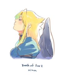 Rule 34 | 1girl, anzuni (marblefrog), black wings, blonde hair, breasts, breath of fire, breath of fire ii, character name, closed mouth, copyright name, english text, closed eyes, long hair, nina (breath of fire ii), simple background, solo, white background, wings