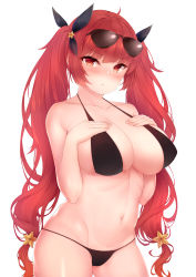 Rule 34 | 1girl, absurdres, azur lane, bikini, black bikini, black ribbon, blush, breasts, closed mouth, commentary request, eyewear on head, hair ornament, hair ribbon, hands on own chest, highres, honolulu (azur lane), honolulu (summer accident?!) (azur lane), john zerowb, large breasts, looking at viewer, navel, red eyes, red hair, ribbon, simple background, solo, star (symbol), star hair ornament, sunglasses, swimsuit, twintails, white background