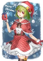 Rule 34 | 1girl, alternate costume, bell, belt, belt buckle, black thighhighs, blush, box, brown belt, buckle, buttons, capelet, christmas, collarbone, cowboy shot, dress, gift, gift box, gloves, green hair, hair between eyes, hat, highres, holding, holding gift, kazami yuuka, merry christmas, open mouth, pom pom (clothes), red capelet, red dress, red eyes, red gloves, red hat, santa hat, shironeko yuuki, short hair, smile, snowflake background, snowflakes, solo, thighhighs, touhou
