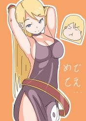Rule 34 | 1girl, armpits, arms behind head, belt, blonde hair, blue eyes, blush, breasts, cleavage, closed eyes, dress, fatal fury, garou: mark of the wolves, highres, japanese text, jenet behrn, large breasts, long hair, looking at viewer, pout, seductive smile, sideboob, sleeveless, smile, solo, the king of fighters, translation request