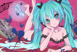 Rule 34 | 1girl, apple, aqua eyes, aqua hair, artist request, bare shoulders, barefoot, bed sheet, blue eyes, blue hair, blush, breasts, bug, butterfly, camisole, clock, feet, female focus, food, fruit, hair ornament, half-closed eyes, hatsune miku, high heels, highres, bug, lace-trimmed camisole, lace trim, long hair, looking at viewer, lying, messy hair, nail polish, on stomach, open mouth, pillow, pink background, pink camisole, pleated skirt, polka dot, polka dot background, romeo to cinderella (vocaloid), shirt, sideboob, skirt, sleeveless, sleeveless shirt, smile, solo, song name, strap slip, twintails, vocaloid