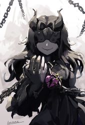 Rule 34 | 10s, 1girl, abyssal ship, black gloves, black hair, blindfold, breasts, broken, chain, covered eyes, crack, dress, elbow gloves, gloves, heart, heart-shaped lock, heart lock (kantai collection), horns, kantai collection, lansane, light cruiser princess, long hair, looking at viewer, mask, pale skin, parted bangs, partially fingerless gloves, school uniform, serafuku, short dress, smile, solo