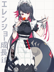 1girl alternate_hair_length alternate_hairstyle black_dress black_hair breasts candy character_name dress ear_piercing ellen_joe fins fish_tail food grey_pantyhose grid_background hand_in_own_hair highres holding holding_candy holding_food holding_lollipop large_breasts lollipop long_hair maid maid_headdress miri_(cherryjelly) mole mole_under_eye multicolored_hair nail_polish panties pantyhose pantyshot parted_lips piercing puffy_sleeves red_eyes red_hair shark_tail short_sleeves simple_background solo tail twitter_username underwear very_long_hair zenless_zone_zero