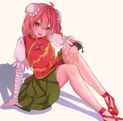 Rule 34 | 1girl, ahoge, bandaged arm, bandages, blush, breasts, bun cover, commentary request, cuffs, double bun, flower, full body, green skirt, hair bun, ibaraki kasen, looking at viewer, medium breasts, open mouth, pink eyes, pink hair, red flower, red footwear, rose, shirt, shoes, short hair, short sleeves, sitting, skirt, smile, solo, tabard, touhou, tuyu iro, white background, white shirt