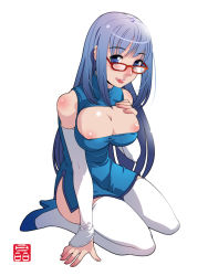 Rule 34 | 1girl, :p, breasts, cleavage, cleavage cutout, clothing cutout, elbow gloves, full body, glasses, gloves, hand on own chest, high heels, huge breasts, original, pumps, shoes, simple background, sitting, smile, solo, sonobe kazuaki, thighhighs, tongue, tongue out, white background, white thighhighs