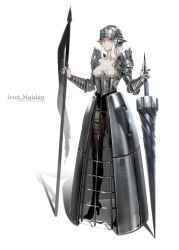 Rule 34 | 1girl, armor, armored dress, artist name, bad id, bad pixiv id, black legwear, breasts, flag, full body, helmet, jdori, jewelry, lance, long hair, medium breasts, original, pale skin, planted, polearm, ring, shoulder armor, simple background, solo, standing, weapon, white background, white hair
