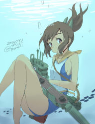 Rule 34 | 10s, 1girl, 2014, bare shoulders, brown eyes, brown hair, dark skin, dark-skinned female, dated, fish, hair ornament, high ponytail, i-401 (kancolle), kantai collection, looking at viewer, machinery, pureji oshou, sailor collar, school swimsuit, solo, swimsuit, swimsuit under clothes, twitter username, underwater