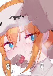 Rule 34 | 1girl, blue eyes, blush, close-up, eonsang, finger in another&#039;s mouth, girls&#039; frontline, grey sweater, grin, hair between eyes, hetero, highres, kalina (girls&#039; frontline), long hair, orange hair, saliva, saliva trail, simple background, sleep mask, smile, speech bubble, sweater, tearing up, teeth, tongue, tongue out, turtleneck, turtleneck sweater, upper teeth only, white background