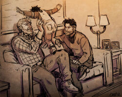 Rule 34 | 1other, 2boys, aged up, bad id, bad tumblr id, bara, beard, black hair, blonde hair, brown theme, carrying, child, child carry, collared shirt, couch, couple, cris art, denim, facial hair, facing another, family, foot out of frame, happy, hulkling, jeans, leg up, male focus, marvel, multiple boys, mustache, old, old man, on couch, pants, shirt, shoes, short hair, sitting, sketch, thick eyebrows, thick mustache, wiccan, yaoi