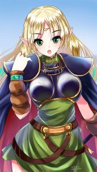Rule 34 | 1girl, armor, belt, blonde hair, blush, boobplate, breastplate, breasts, cape, cowboy shot, dated, deedlit, dress, elf, green dress, green eyes, long hair, looking at viewer, medium breasts, open mouth, parted bangs, pointy ears, record of lodoss war, shoulder armor, solo, sword, sword behind back, weapon, yamaguchi yuu