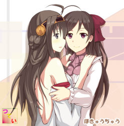 Rule 34 | 10s, 2girls, ahoge, bad id, bad nicoseiga id, bare shoulders, brown hair, commentary request, detached sleeves, hair ornament, hair ribbon, hairband, hairclip, japanese clothes, kantai collection, kongou (kancolle), long hair, mamiya (kancolle), multiple girls, nontraditional miko, partially undressed, personification, red eyes, ribbon, tsuti, upper body
