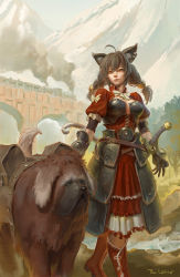 Rule 34 | 1girl, ahoge, animal ear fluff, animal ears, arch, armor, bell, belt, black gloves, bow, breasts, bridge, brown footwear, cat ears, cat tail, cleavage cutout, closed mouth, clothing cutout, cloud, collared dress, commentary, dog, dress, earclip, faulds, gloves, hair bell, hair ornament, highres, large breasts, long hair, looking at viewer, mole, mole under eye, mountain, multicolored clothes, multicolored dress, original, outdoors, puffy short sleeves, puffy sleeves, short sleeves, sky, smoke, sword, tail, timbougami, train, weapon, yellow eyes