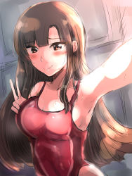 Rule 34 | 1girl, arm up, armpits, bad id, bad pixiv id, blush, breasts, brown eyes, brown hair, cleavage, competition swimsuit, highres, idolmaster, idolmaster cinderella girls, long hair, looking at viewer, medium breasts, mizumoto yukari, omuraisu gakudan, one-piece swimsuit, outstretched arm, reaching, reaching towards viewer, selfie, sketch, smile, solo, swimsuit, v