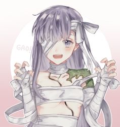 Rule 34 | !, 1girl, bandages, bandage on face, bandaged arm, bandages, blush, breasts, choker, cleavage, collarbone, fate/grand order, fate (series), gao, grey eyes, kingprotea (fate), long hair, looking at viewer, open mouth, panisa319, silver hair, sketch, small breasts, solo, underboob, upper body