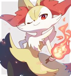 Rule 34 | ;), animal focus, arm behind back, black fur, braixen, closed mouth, creatures (company), fire, game freak, gen 6 pokemon, highres, holding, holding stick, multicolored fur, nintendo, no humans, omochi (omotimotittona3), one eye closed, pokemon, pokemon (creature), red eyes, smile, solo, stick, white fur, yellow fur