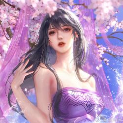 Rule 34 | 1girl, artist request, bare shoulders, blue sky, branch, cherry blossoms, dress, duanmu rong (qin shi ming yue), from below, highres, long hair, open mouth, purple dress, purple eyes, qinshi mingyue, second-party source, shiny skin, sky, solo, sparkle, splashing, strapless, strapless dress, teeth, upper body, upper teeth only