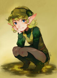 1girl blue_eyes boots grass green_hair hair_ornament hairband hand_on_own_cheek hand_on_own_face looking_at_viewer luisa_rafidi nintendo pointy_ears saria_(zelda) short_hair shorts smile solo squatting sweater the_legend_of_zelda the_legend_of_zelda:_ocarina_of_time turtleneck turtleneck_sweater yellow_background