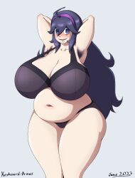 Rule 34 | 1girl, 2023, @ @, absurdres, ahoge, armpit hair, armpits, arms behind head, artist name, blush, bra, breasts, cameltoe, cleavage, collarbone, creatures (company), fat, female focus, game freak, grey background, hair between eyes, hairband, hex maniac (pokemon), highres, huge breasts, keyboard-draws, long hair, looking at viewer, lower teeth only, navel, nintendo, open mouth, panties, plump, pokemon, pokemon xy, presenting armpit, purple eyes, purple hair, purple hairband, simple background, solo, standing, stomach, teeth, thick thighs, thighs, underwear, very long hair