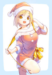 Rule 34 | 1girl, :d, blonde hair, blue border, boots, border, commentary, dress, hand in own hair, hat, highres, leg up, long sleeves, looking at viewer, magenta (atyana), mutou to satou, off-shoulder dress, off shoulder, open mouth, orange eyes, red dress, red footwear, red hat, ribbon, rounded corners, santa boots, santa costume, santa dress, santa hat, satou (mutou to satou), short dress, short hair, smile, solo, standing, yellow ribbon
