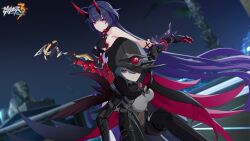 Rule 34 | 2girls, ahoge, arm grab, armor, armpits, bare shoulders, black gloves, breasts, cape, feet out of frame, fighting, gloves, grey hair, highres, honkai (series), honkai impact 3rd, hood, horns, japanese armor, japanese clothes, kneeling, large breasts, logo, long hair, long sleeves, looking at another, multiple girls, night, night sky, official art, official wallpaper, outdoors, raiden mei, raiden mei (herrscher of thunder), raven (honkai impact), red cape, red eyes, red horns, sky, sparks, tree, very long hair