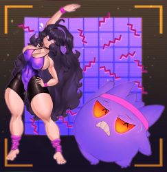 Rule 34 | 1girl, 1other, barefoot, big hair, breasts, bursting breasts, cameltoe, cleft of venus, covered erect nipples, creatures (company), curvy, exercising, game freak, gen 1 pokemon, gengar, hex maniac (pokemon), highres, large breasts, leg warmers, leotard, long hair, nintendo, pink eyes, pokemon, pokemon (creature), pokemon xy, sheepus, standing, stretching, teamwork, thick thighs, thighs, very long hair