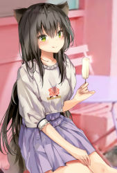 Rule 34 | 1girl, :q, animal ears, bad id, bad pixiv id, bench, black hair, blurry, blush, closed mouth, commentary request, depth of field, food, fox ears, fox tail, frilled sleeves, frills, green eyes, grey shirt, holding, holding food, long hair, looking at viewer, original, pleated skirt, pon (ponidrop), popsicle, puffy sleeves, purple skirt, shade, shirt, shirt tucked in, sidelocks, sitting, skirt, smile, solo, tail, thighs, tongue, tongue out