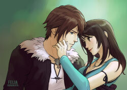 Rule 34 | 1boy, 1girl, arm around back, arm up, arm warmers, artist name, bare shoulders, black hair, black jacket, black ribbon, black shirt, blue cardigan, blue eyes, breasts, brown eyes, brown hair, cardigan, chain, chain necklace, cleavage, couple, felia hanakata, final fantasy, final fantasy viii, fur trim, green background, hand on another&#039;s cheek, hand on another&#039;s face, hetero, jacket, jewelry, looking at another, medium breasts, medium hair, necklace, parted bangs, ribbon, rinoa heartilly, scar, scar on face, scar on forehead, shirt, short hair, smile, squall leonhart, swept bangs, upper body, white fur, white shirt
