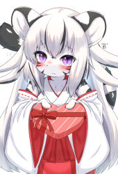Rule 34 | 1girl, animal ears, blush, body fur, dated, detached sleeves, fang, flying sweatdrops, furry, furry female, gift, heart, high-waist skirt, highres, holding, holding gift, horokusa (korai), incoming gift, japanese clothes, looking at viewer, miko, multicolored hair, original, purple eyes, red skirt, simple background, skirt, slit pupils, solo, streaked hair, striped fur, tail, tiger ears, tiger girl, tiger tail, valentine, white background, white hair, wide sleeves