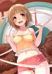 Rule 34 | 10s, 1girl, bad id, bad pixiv id, belly, blush, breasts, brown eyes, brown hair, doughnut, flower, food, frills, hair flower, hair ornament, highres, idolmaster, idolmaster cinderella girls, looking at viewer, medium breasts, midriff, mimura kanako, navel, open mouth, rjngo, short hair, shorts, solo, tank top, tape measure, tearing up, tears, weighing scale, weight conscious