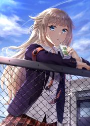 Rule 34 | 1girl, against railing, alternate costume, alternate hair length, alternate hairstyle, black jacket, blazer, blue sky, cevio, checkered clothes, checkered skirt, cloud, cloudy sky, coffee tart, commentary request, curly hair, day, drinking, fence, highres, jacket, leaning on object, against railing, long hair, looking at viewer, on roof, one (cevio), outdoors, railing, shirt, skirt, sky, solo, white shirt