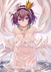 Rule 34 | 1girl, bare shoulders, breasts, cleavage, closed mouth, crown, dress, hair between eyes, hair ornament, hair ribbon, hairclip, haishiki, highres, large breasts, looking at viewer, original, own hands together, purple eyes, purple hair, ribbon, ripples, shawl, short hair, smile, solo, wading, water, white dress, white ribbon, wreath