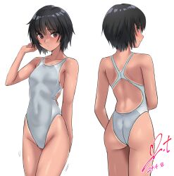 Rule 34 | 1girl, amagami, ass, black hair, breasts, brown eyes, commentary request, commission, competition swimsuit, cowboy shot, dated, grey one-piece swimsuit, highleg, highleg swimsuit, highres, multiple views, nanasaki ai, one-piece swimsuit, one-piece tan, pixiv commission, short hair, signature, simple background, small breasts, swimsuit, tan, tanline, two-tone swimsuit, white background, yoo tenchi