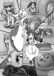 Rule 34 | 6+girls, animal ears, apron, ball, cat ears, comic, cuey c lops, dress, drill hair, fangs, greyscale, highres, in container, jar, lamia, maid, maid apron, maid headdress, mecha musume, mechanical arms, monochrome, monster girl, multiple girls, open mouth, original, pointy ears, puffy short sleeves, puffy sleeves, pulling, rakurakutei ramen, ran straherz, running, short sleeves, tears, thumbs up, twin drills, two side up, zombie
