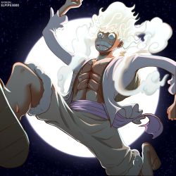 Rule 34 | 1boy, abs, alternate form, alternate hair color, creepy, elpipe 3000, fiery hair, fur trim, gear fifth, grin, happy, highres, jumping, looking to the side, monkey d. luffy, muscular, night, night sky, one piece, orange eyes, pants, running, sandals, scar, scar on chest, scar on face, shirt, short hair, sky, smile, solo, spoilers