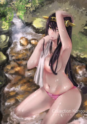 Rule 34 | 10s, 1girl, absurdres, areola slip, bad id, bad pixiv id, bathing, black hair, blush, breasts, cleavage, convenient censoring, ctrlz77, female focus, hair censor, hair over breasts, hairband, haruna (kancolle), highres, kantai collection, large breasts, long hair, looking at viewer, panties, river, sketch, solo, striped clothes, striped panties, towel, underwear, wet, yellow eyes