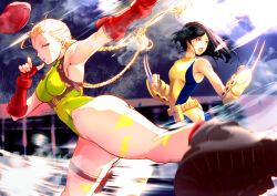 Rule 34 | 2girls, ass, belt, beret, black hair, blonde hair, blue eyes, bodypaint, bodysuit, boots, braid, breasts, cammy white, claw (weapon), claws, covered erect nipples, fingerless gloves, gloves, green leotard, hat, highleg, highleg leotard, kicking, large breasts, laura kinney, leotard, long hair, marvel, marvel vs. capcom, multiple girls, okazuwa shake, open mouth, scar, scar on face, sideboob, street fighter, superhero costume, thigh strap, thighs, twin braids, weapon, x-23, yellow bodysuit