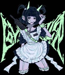 Rule 34 | 1girl, absurdres, apron, aqua horns, arm behind back, black background, black dress, black eyes, black hair, blunt bangs, bracelet, chain, closed mouth, collar, collarbone, dress, earrings, eyelashes, garter straps, gun, hair intakes, hand up, highres, horns, jewelry, maid apron, mouth piercing, multiple earrings, multiple rings, original, ring, short hair, short sleeves, solo, spiked bracelet, spiked collar, spiked ring, spikes, two side up, weapon, weapon request, white apron, yosh1to