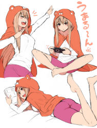 Rule 34 | &gt;:d, 10s, 1girl, :/, :d, ^^^, animal hood, ass, bare legs, barefoot, blush stickers, brown eyes, butterfly sitting, cape, character name, closed eyes, doma umaru, expressions, fumitan (humitan), hamster costume, handheld game console, himouto! umaru-chan, holding, hood, indian style, light brown hair, long hair, long sleeves, lying, manga (object), multiple girls, multiple persona, multiple views, on stomach, open mouth, outstretched arm, pants, pink pants, playing games, playstation portable, reading, shirt, shorts, sitting, sketch, smile, v-shaped eyebrows, variations, white background, yoga pants