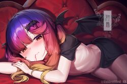 Rule 34 | 1girl, bat hair ornament, black cape, black wings, blonde hair, blood, blood on face, blush, brown eyes, cape, character name, couch, demon wings, fang, gradient hair, hair ornament, highres, kantai collection, looking at viewer, lying, mole, mole under eye, multicolored hair, nail polish, naked cape, orange hair, pink hair, purple eyes, purple nails, red hair, solo, tsushima (kancolle), twitter username, unidentified nk, vampire, wing hair ornament, wings