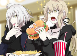 Rule 34 | 2girls, ahoge, artoria pendragon (all), artoria pendragon (fate), blonde hair, breasts, burger, cleavage, commentary request, cross, cross necklace, cup, drinking straw, eating, fate/grand order, fate (series), food, french fries, highres, jeanne d&#039;arc (fate), jeanne d&#039;arc alter (fate), jeanne d&#039;arc alter (ver. shinjuku 1999) (fate), jewelry, lettuce, licking, licking finger, long hair, multiple girls, necklace, official alternate costume, open mouth, rakku (10219563), saber alter, saber alter (ver. shinjuku 1999) (fate), sidelocks, silver hair, sparkle, tomato, yellow eyes