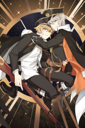 Rule 34 | 2boys, belt, belt collar, black cape, black collar, black footwear, black headwear, black jacket, black pants, blonde hair, boots, brothers, brown belt, byakuya0315, cape, closed mouth, coat, coat on shoulders, collar, collared cape, crossed bangs, dezhou chicken (the tale of food), floral background, fuli chicken (the tale of food), full body, gauze, gloves, grey eyes, grey hair, gun, hair between eyes, hair ornament, hairclip, hand on another&#039;s hip, hand on another&#039;s shoulder, handgun, hat, holding, holding gun, holding weapon, jacket, key, keyring, long sleeves, looking at viewer, male focus, multiple boys, open clothes, open jacket, orange coat, orange eyes, pants, peaked cap, popped collar, rifle, serious, shirt, shirt partially tucked in, short hair, siblings, smile, sparkle, sunburst, sunburst background, tassel, the tale of food, thigh strap, v-shaped eyebrows, weapon, white gloves, white shirt, wing hair ornament