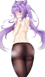 Rule 34 | 1girl, absurdres, ass, bare shoulders, blush, breasts, covering privates, covering breasts, embarrassed, from behind, genshin impact, hair ornament, hairpin, highres, keqing (genshin impact), ks all, long hair, looking at viewer, looking back, pantyhose, purple eyes, purple hair, shiny skin, sideboob, solo, topless, twintails, very long hair