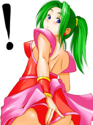 Rule 34 | !, 1990s (style), 1girl, ass, bad id, bad pixiv id, blue eyes, blush, breasts, earrings, female focus, final fantasy, final fantasy vi, green hair, jewelry, leotard, looking back, ponytail, red leotard, retro artstyle, signature, simple background, solo, tina branford, yukihiro