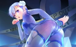 Rule 34 | 10s, 1girl, ass, blue hair, blush, bodysuit, caution tape, female focus, fin e ld si laffinty, flower, hair flower, hair ornament, headband, keep out, leaning forward, looking back, open mouth, pakupaku choppu, panties, paw pose, purple eyes, rinne no lagrange, see-through, short hair, solo, thighhighs, thighs, underwear, wallpaper