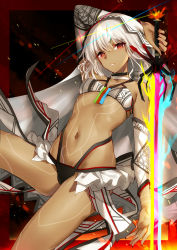 Rule 34 | 10s, 1girl, altera (fate), arm up, bare shoulders, bison cangshu, breasts, dark skin, dark-skinned female, detached sleeves, fate/extella, fate/extra, fate/grand order, fate (series), full-body tattoo, long hair, looking at viewer, nail polish, navel, parted lips, photon ray (fate), red eyes, small breasts, solo, sword, tattoo, veil, weapon, white hair