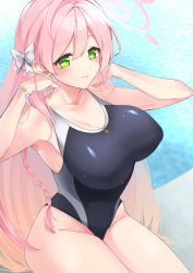 Rule 34 | 1girl, absurdres, black one-piece swimsuit, blue archive, bow, braid, breasts, competition swimsuit, cowboy shot, gradient hair, green eyes, hair bow, hanako (blue archive), highres, large breasts, multicolored hair, one-piece swimsuit, pink hair, single braid, sitting, solo, sonooouchi, swimsuit, white bow